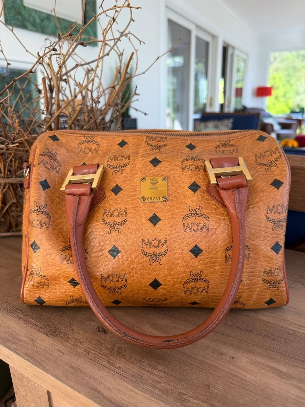 MCM Cognac Visetos Monogram Leather Satchel with Gold Hardware